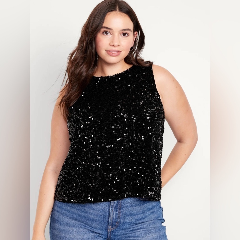 NWT! Old Navy Black Sleeveless Sequin Swing Top for Women - Large  🌵